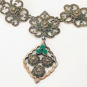 Art Deco antique sterling silver marcasite and chrysoprase gemstone necklace 24”
